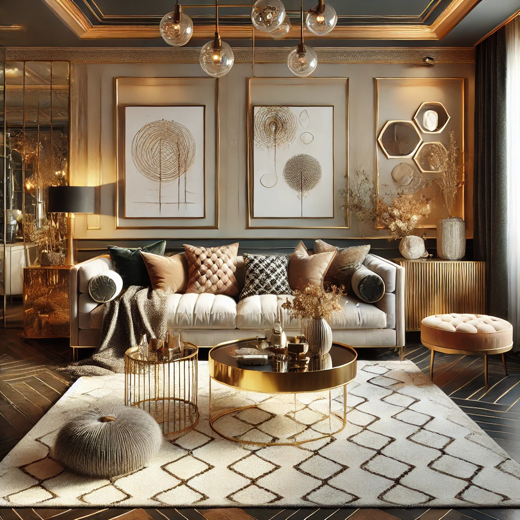 A luxurious living room designed on a budget. The space features elegant but affordable decor, including a plush velvet sofa with stylish throw pillow