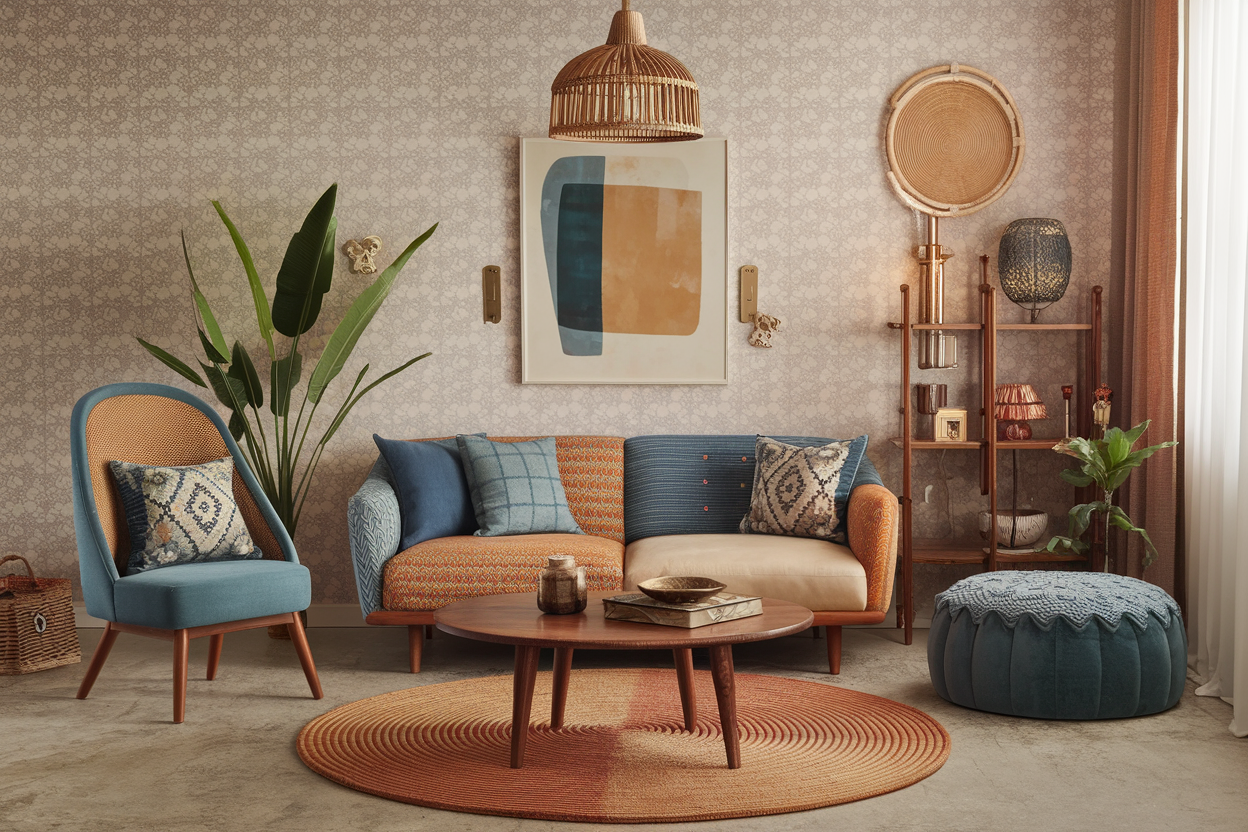 boho style living room with a couch and a coffee table