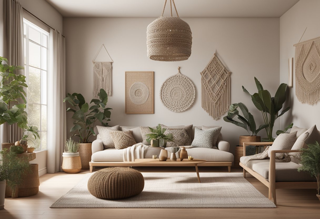 Vintage Boho living room with a couch and coffee table, macrame wall hangings