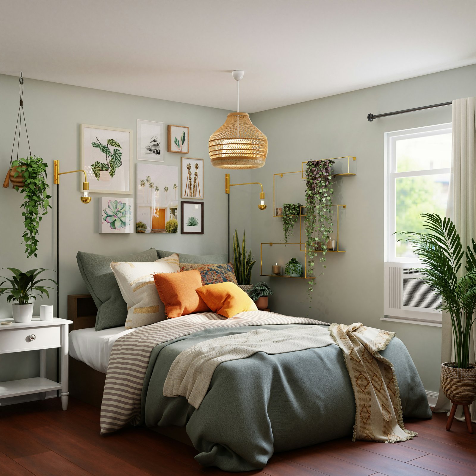 a luxury decor ideas on a budget bedroom with plants and a bed