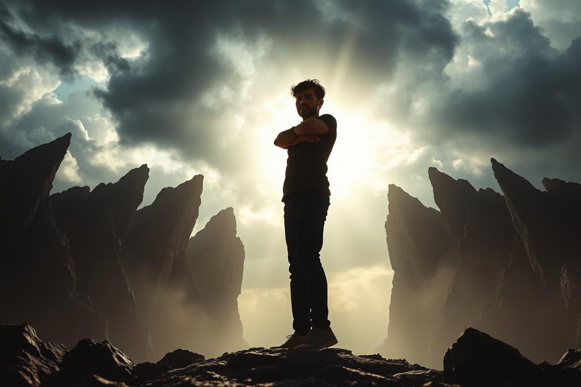 a man standing on a rock with his arms crossed