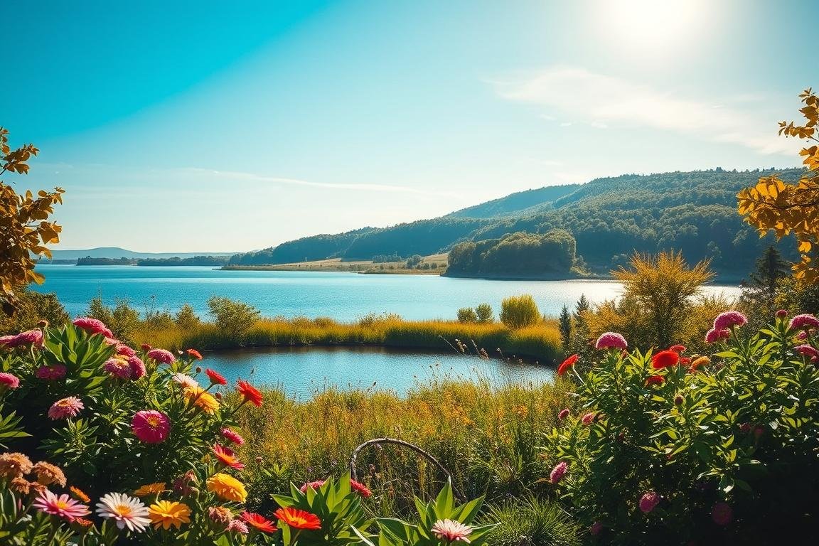 a lake surrounded by flowers